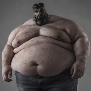 gigachad, terachad, beard, black hair, brown skin, closed mouth, clothes, extremely obese, fat, front view