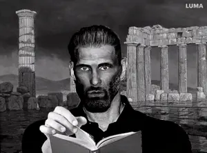 der coomer, gigachad, beard, black hair, book, buff, closed mouth, front view, hair, holding book