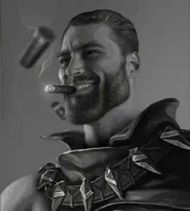 gigachad, beard, black hair, buff, closed mouth, front view, hair, medium hair, no glasses, open eyes