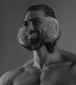 gigachad, animal, beard, black hair, buff, gray background, gray skin, hair, half open mouth, medium hair
