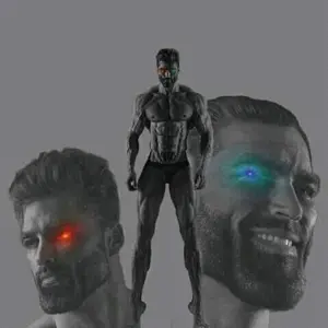 gigachad, 3nas, beard, black hair, buff, closed mouth, front view, glowing eyes, gray background, gray skin