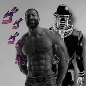 gigachad, 1nas, anime, beard, black hair, buff, clothes, front view, gray background, gray skin