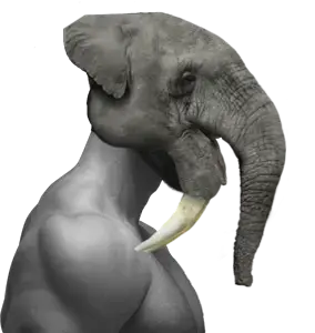 gigachad, 1nas, animal, black hair, buff, closed mouth, ear, elephant, elephant ears, gray skin
