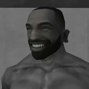gigachad, 1nas, beard, black hair, buff, cj, closed mouth, game, gray background, gray skin