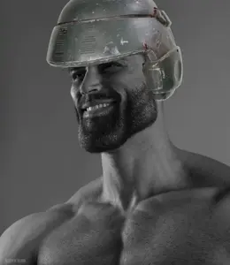 gigachad, beard, black hair, buff, closed mouth, front view, hair, no glasses, open eyes, short hair