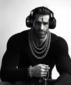 gigachad, beard, black hair, buff, closed mouth, front view, gray background, gray skin, hair, headphones