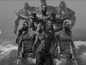 gigachad, terachad, beard, black hair, buff, closed mouth, cloud, clouds, front view, gray background