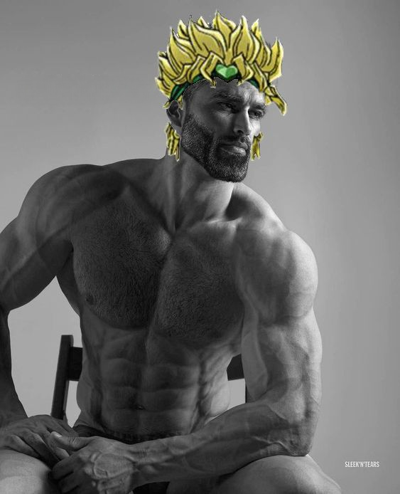 dio brando, gigachad, abs, anime, beard, black hair, blonde hair, buff, chair, closed mouth