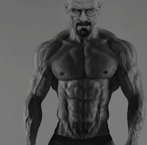 gigachad, walter white, irl soyjaks, beard, black hair, buff, closed mouth, front view, glasses, gray background