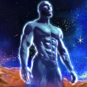 gigachad, beard, big, black hair, buff, closed mouth, front view, gray skin, hair, looking up