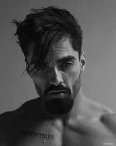 gigachad, classic gigas, beard, black hair, buff, front view, gray background, gray skin, hair, half open mouth
