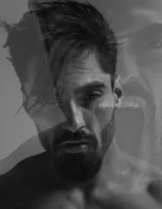 gigachad, gigayell, angry, beard, black hair, buff, closed mouth, front view, gaping mouth, gray background