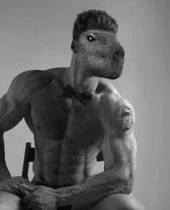 gigachad, animal, black hair, bowtie, buff, capybara, chair, closed mouth, front view, gray background