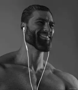 gigachad, beard, black hair, buff, closed mouth, earbuds, gray background, gray skin, hair, half open mouth