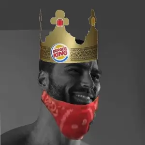 gigachad, beard, black hair, buff, burger king, burger king hat, face mask, gray background, gray skin, hair