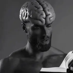 gigachad, beard, big brain, big head, black hair, book, brain, buff, front view, gray background