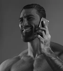 gigachad, arm, beard, black hair, buff, calling, closed mouth, front view, gray background, gray skin