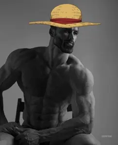 gigachad, monkey d luffy, anime, beard, black hair, buff, closed mouth, clothes, front view, gray background