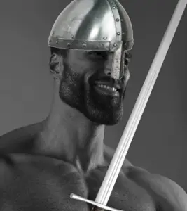 gigachad, armor, beard, black hair, buff, clothes, gray background, gray skin, hair, half open mouth