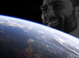 gigachad, beard, black background, black hair, buff, closed mouth, earth, gray skin, hair, half open mouth