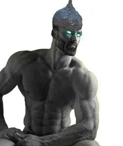 gigachad, beard, black hair, buff, closed mouth, glowing eyes, gray skin, hair, monochrome, no glasses