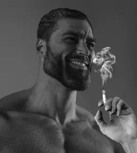 gigachad, beard, black hair, buff, cigarette, gray background, gray skin, hair, half open mouth, hand