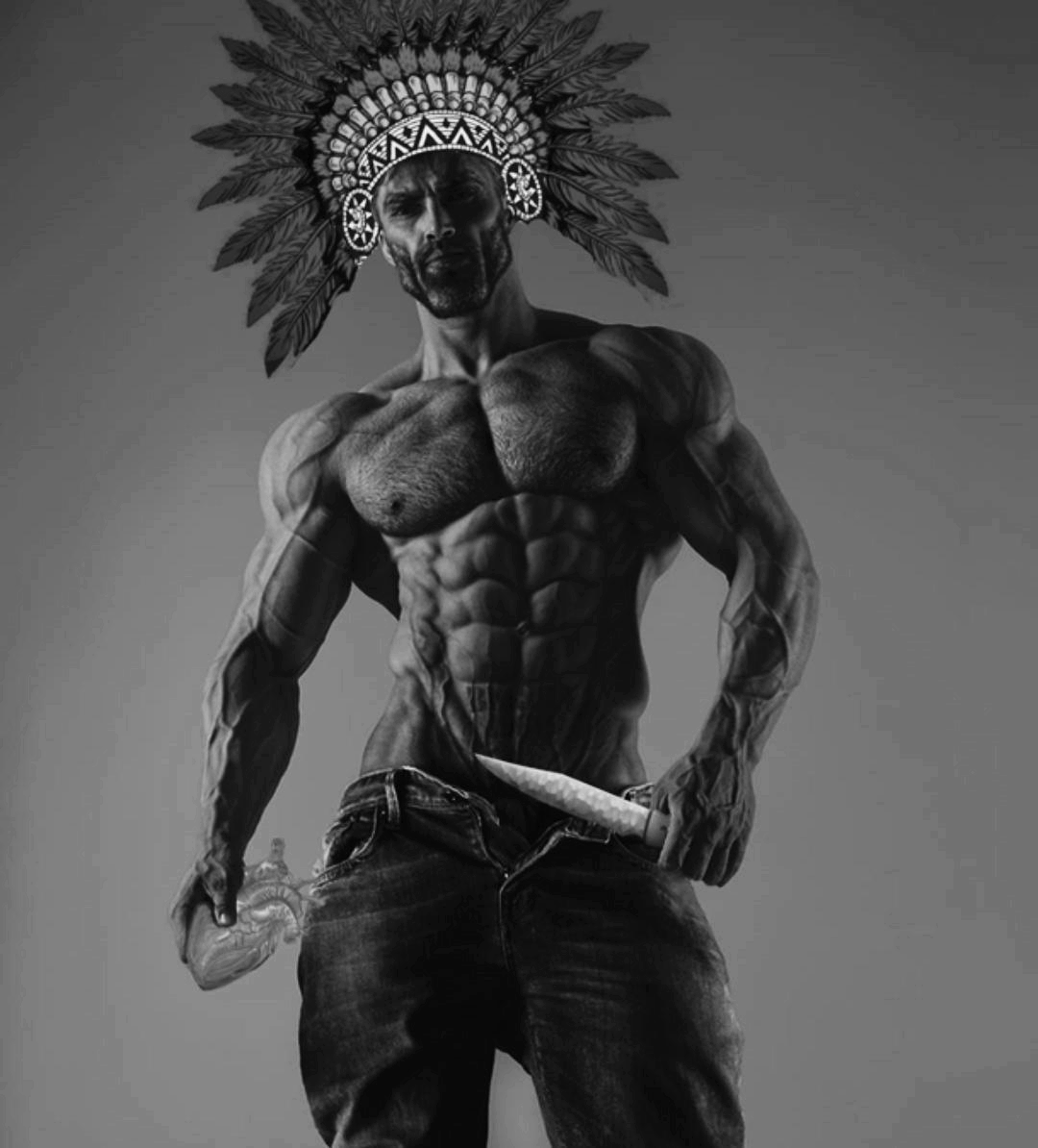 gigachad, aztec, beard, black hair, buff, closed mouth, clothes, feather, feather hat, feathers