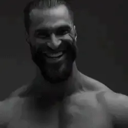 gigachad, beard, black hair, buff, crazed, crazy, front view, glitch, glitchy, gray background