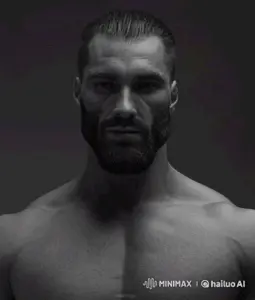 gigachad, beard, black hair, buff, crazed, crazy, front view, gray background, gray skin, hair
