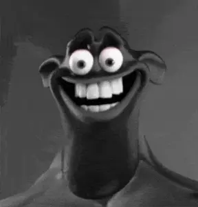 gigaboy, gigachad, gigaferatu, animated, beard, black hair, buff, front view, gray background, gray skin