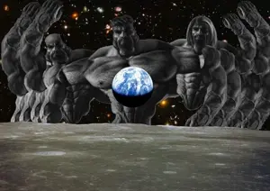 gigachad, terachad, 3nas, beard, black hair, buff, closed mouth, earth, front view, gray skin
