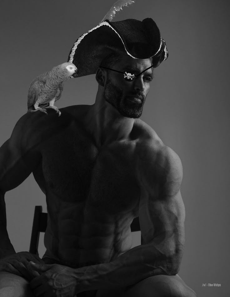 gigachad, /v/, animal, beard, bird, black hair, buff, closed mouth, clothes, eyepatch