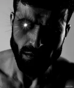 gigachad, beard, black hair, buff, closed mouth, front view, glowing eyes, gray background, gray skin, hair