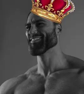 gigachad, beard, black hair, buff, closed mouth, clothes, crown, gray background, gray skin, hair