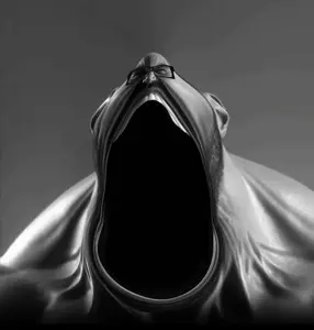 gigachad, gigayell, angry, beard, black hair, buff, front view, gaping mouth, glasses, gray background