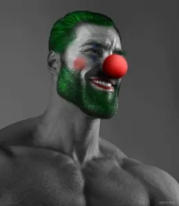 gigachad, 1nas, beard, black hair, buff, clown, clown nose, ear, gray background, gray skin