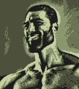 gigachad, 1nas, 8bit, beard, black hair, buff, ear, gray skin, green background, hair