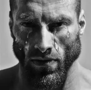 gigachad, beard, black hair, buff, close up view, closed mouth, crying, front view, gray background, gray skin