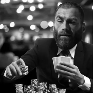 gigachad, beard, black hair, buff, casino, closed mouth, clothes, front view, gambling, gray skin