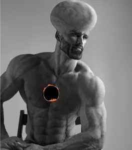 gigachad, bald, beard, big brain, big head, black hair, brain, buff, closed mouth, clothes