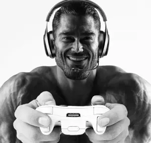 gigachad, beard, black hair, buff, controller, front view, game controller, gray background, gray skin, hair