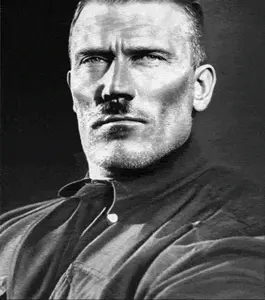 gigachad, adolf hitler, black hair, buff, chewing, closed mouth, dell, eating, front view, gigahitler