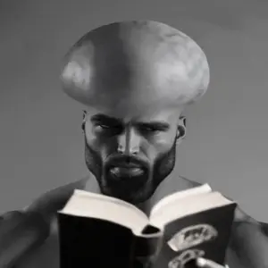 gigachad, beard, big brain, big head, black hair, book, buff, closed mouth, front view, gray background