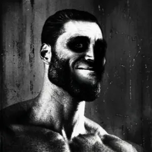 gigachad, beard, black hair, buff, closed mouth, front view, gray background, gray skin, hair, monochrome