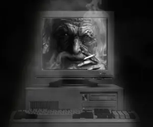 gigachad, old gigachad, beard, black hair, buff, closed mouth, computer, front view, gray background, gray skin