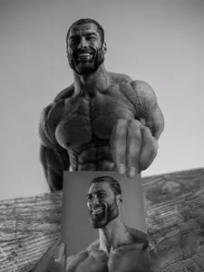 gigachad, 1nas, beard, black hair, buff, front view, gray background, gray skin, hair, hand