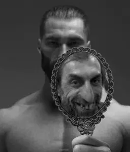 gigachad, happy merchant, beard, black hair, buff, closed mouth, front view, gray background, gray skin, hair