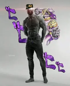 gigachad, johnathan joestar, anime, beard, black hair, buff, cleavage, clothes, front view, full body