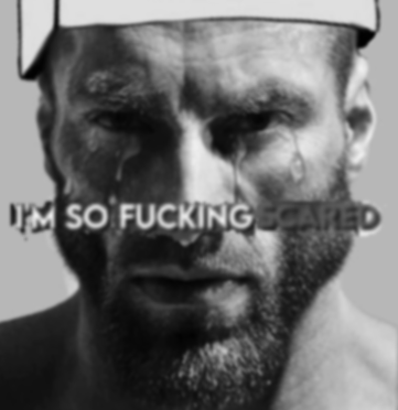 gigachad, beard, black hair, buff, closed mouth, clothes, crying, front view, gray background, gray skin