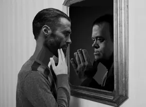 gigachad, gigatard, beard, black hair, closed mouth, gray skin, hair, looking at each other, mirror, monochrome
